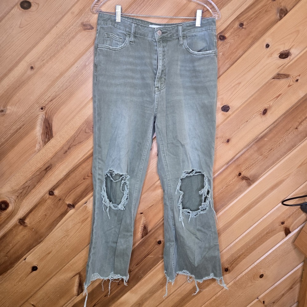 VEVERT High Waisted Crop Frayed‎ Hem Green Distressed Jeans Sz 29